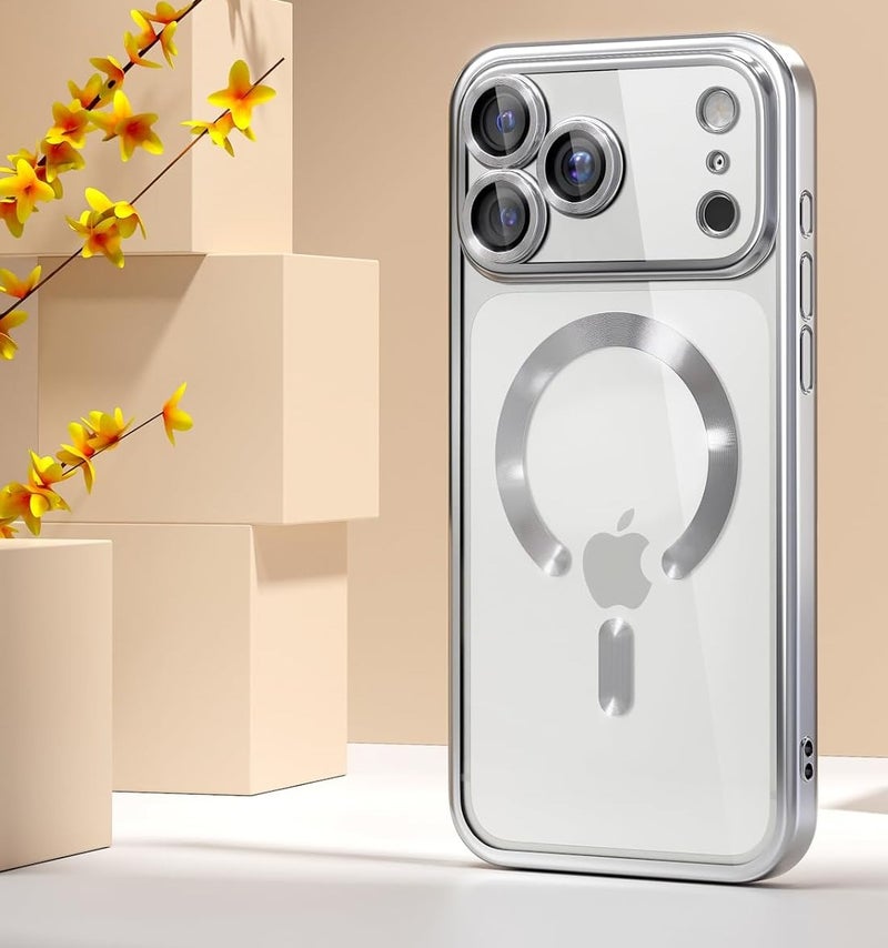 جراب مغناطيسي متوافق مع هاتف iPhone 17 Pro Max، يوفر حماية كاملة للكاميرا والعدسة، متوافق مع الشحن اللاسلكي، جراب حماية شفاف رفيع مقاوم للصدمات باللون الفضي. - Image 1